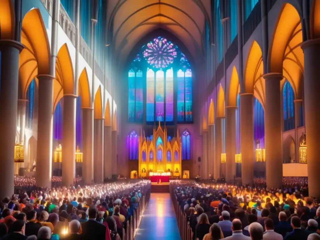 Impacto música moderna en festividades religiosas: vibrante festival religioso en gran catedral, atmósfera etérea, luz solar a través de vitrales, comunidad participando con pasión y alegría, coro como punto focal, música que une y conecta espiritualmente