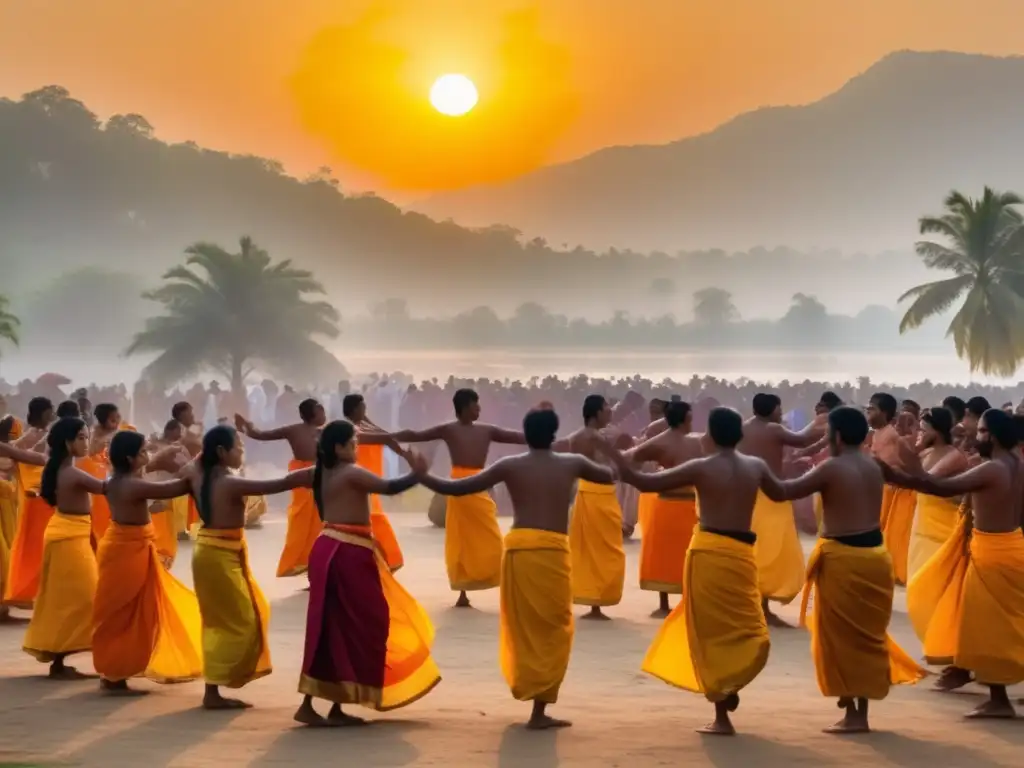 Fotografía festivales religiosos tradicionales en paisaje sereno y vibrante con devotos en ritual de danza y decoraciones coloridas