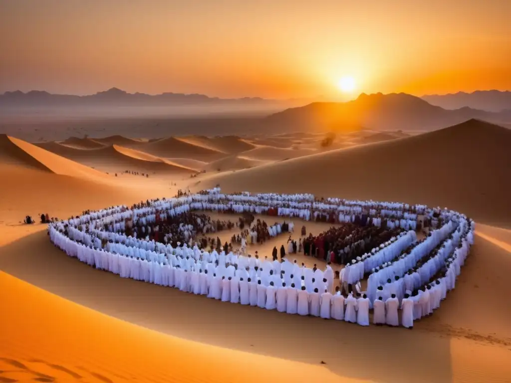 Tradiciones festivas religiosas Oriente Medio en un desierto al atardecer con adoradores en círculo, velas y sombras mágicas