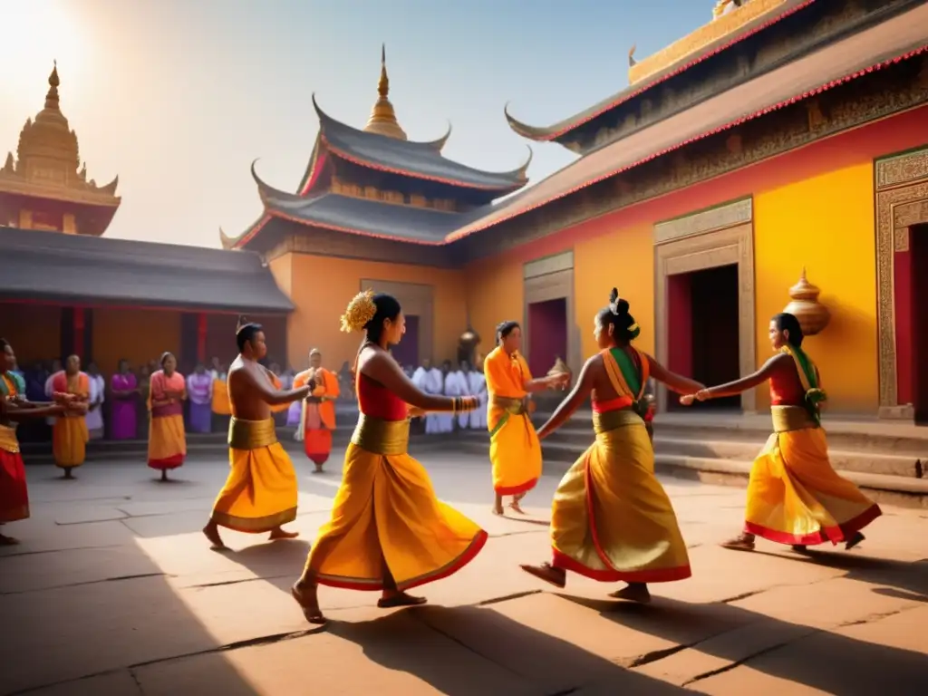 Fotografía festivales religiosos tradicionales en un vibrante templo con danza ceremonial, detalles intrincados y ambiente espiritual