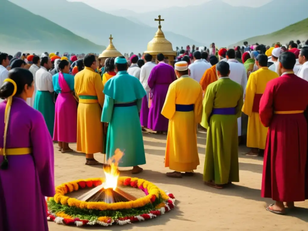 Fotografía festivales religiosos tradicionales: Devotos en coloridos atuendos realizando rituales con velas en un ambiente místico y sagrado