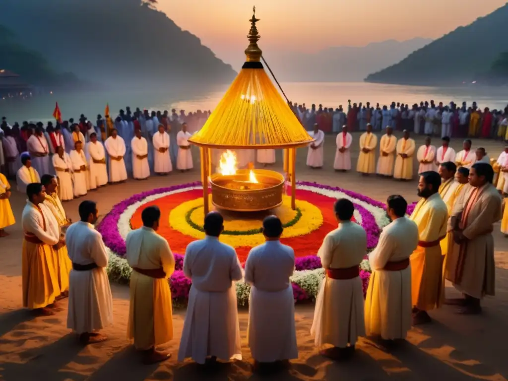 Foto festival religioso tradicional: participantes en ritual sagrado, templo hermoso, respeto y consentimiento