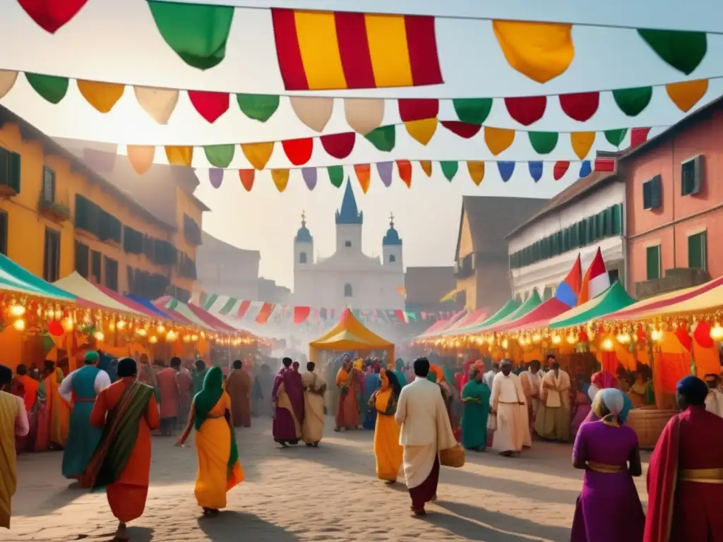 Festivales religiosos postpandemia en una ciudad vibrante y colorida, con personas de todas las edades participando en actividades tradicionales