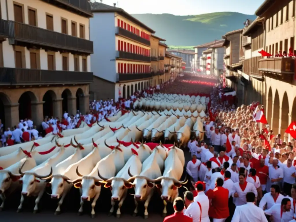 Festival de San Fermín: Corredores valientes enfrentan a los toros en las calles de Pamplona al atardecer - Origen misterioso