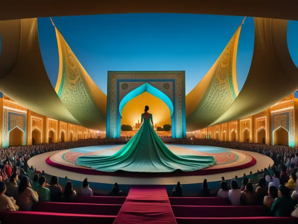 Festival de la Seda en Uzbekistán: escenario grandioso, sedas vibrantes, modelos elegantes, arquitectura antigua, belleza y cultura