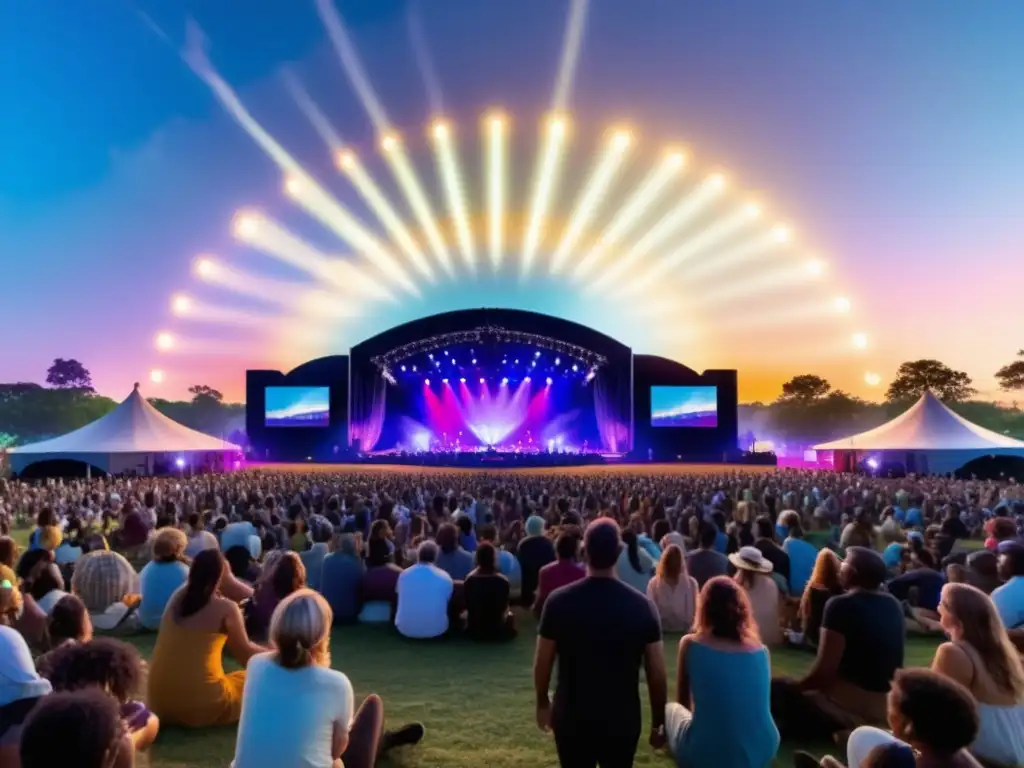 Escena festival al aire libre postpandémico con medidas seguridad: diversidad, música, alegría y vibrantes luces