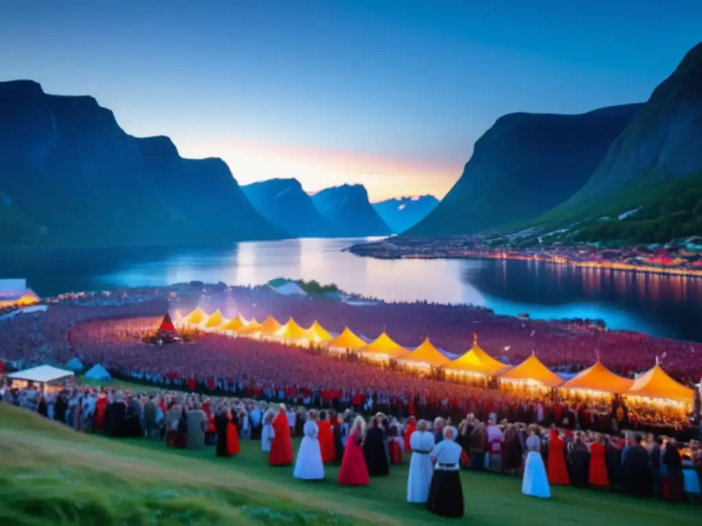 Festival Sol de Medianoche Noruega: escena mágica de festividad en un fiordo noruego iluminado por el sol de medianoche