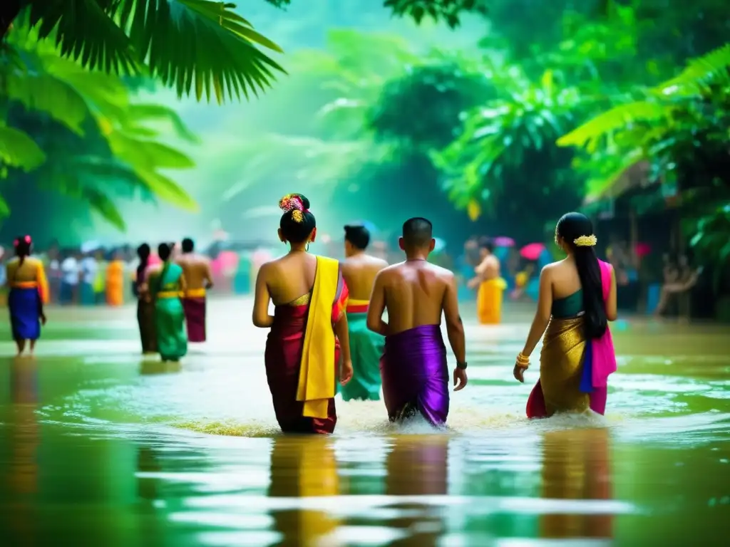 Tradiciones y significado del festival Songkran: Celebrantes tailandeses en una batalla acuática festiva junto a un río tropical