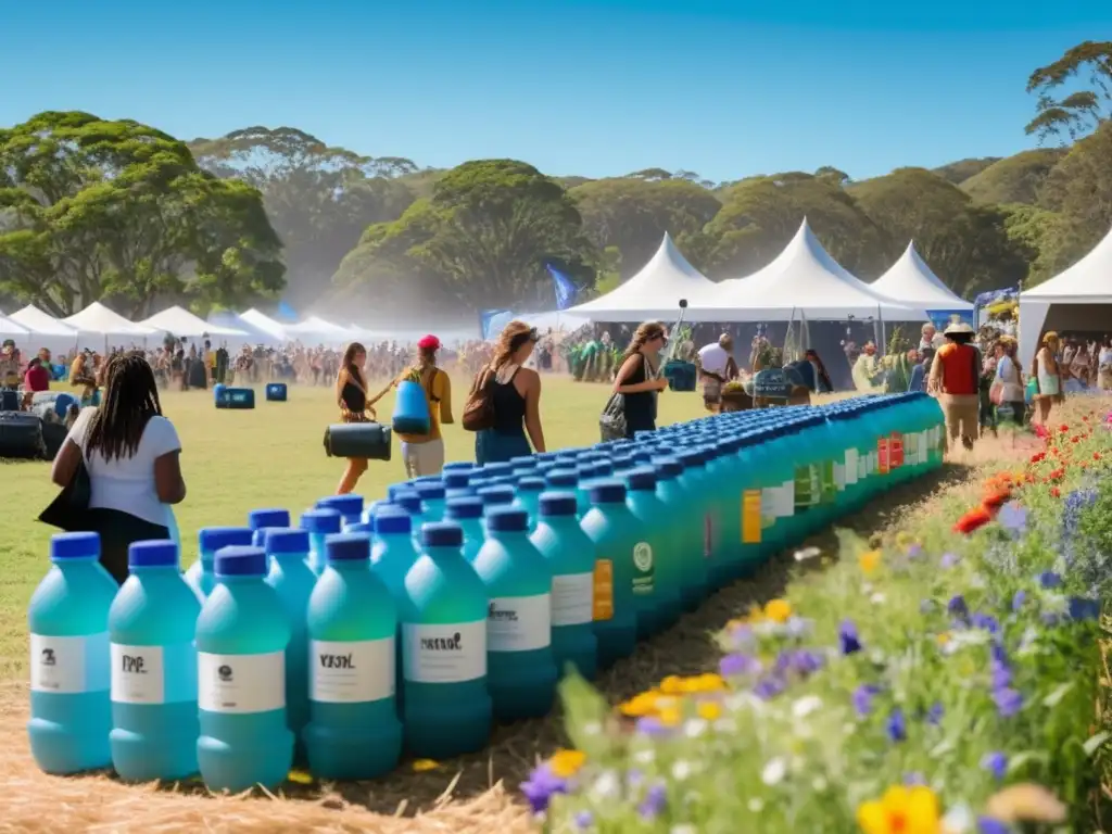 Guía festivales sostenibles mundo: escena vibrante de festival ecológico con actividades sostenibles y diversidad de asistentes