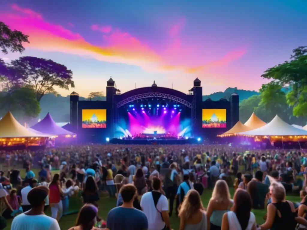 Festival sostenible con música, decoración colorida y público diverso celebrando los beneficios de festivales sostenibles