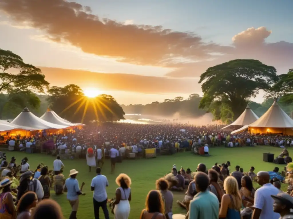 Beneficios de festivales sostenibles: Un festival sustentable, un mundo mágico de armonía y alegría con elementos ecológicos y celebración