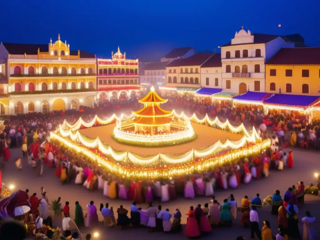 Festival tradiciones mundo catalizador acción comunitaria: Imagen vibrante y etérea de una plaza festiva en un pintoresco pueblo