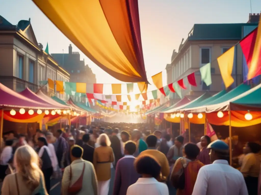 Festival subcultural en una ciudad vibrante, con colores, música y comida del mundo