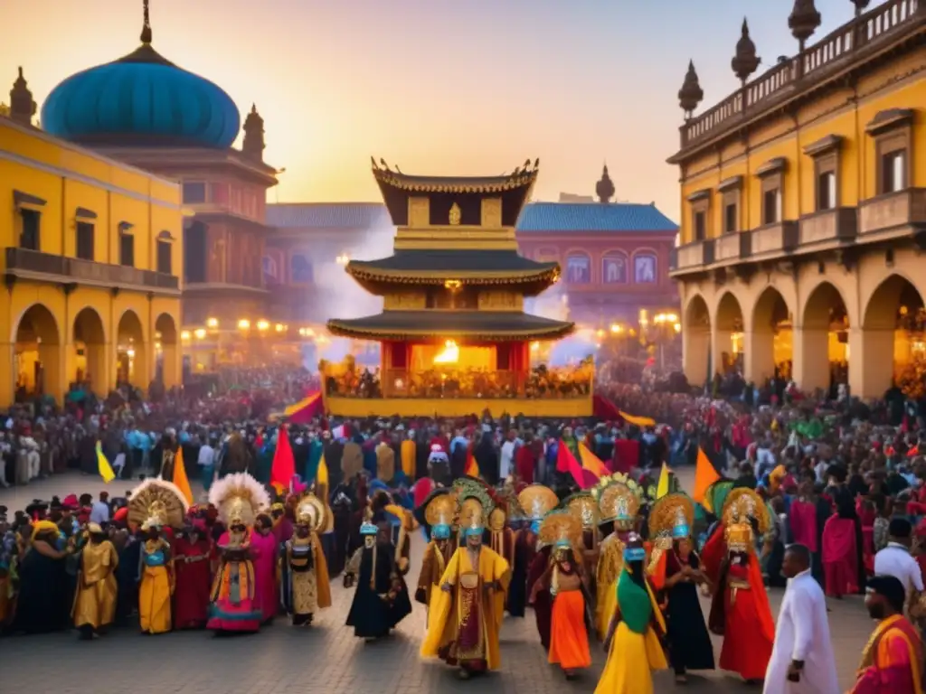 Festivales subculturales en el atardecer: colorida celebración en una antigua plaza de la ciudad