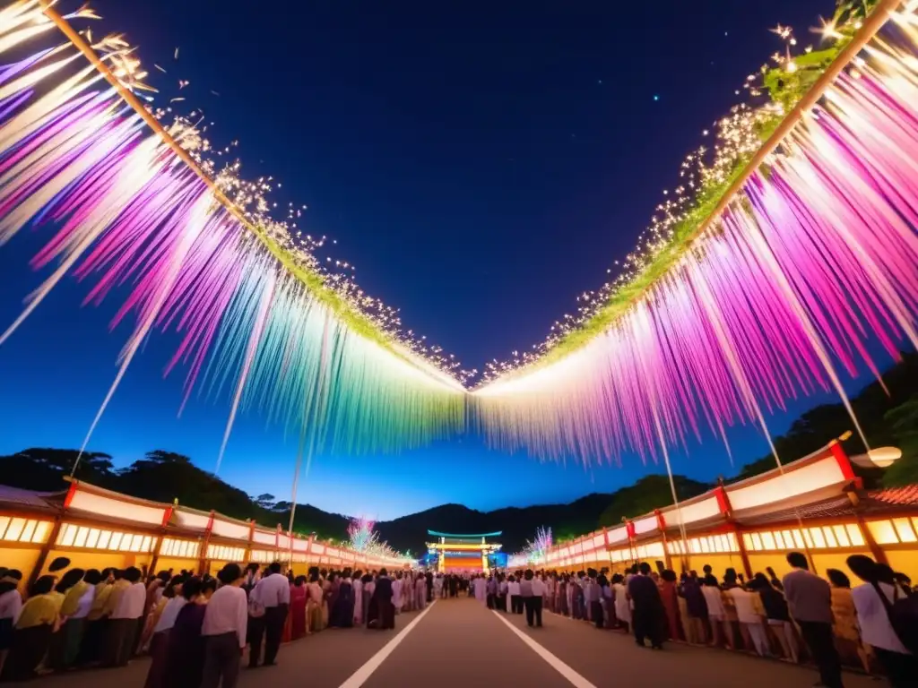 Festival Tanabata: Escena mágica del festival en Japón con colores vibrantes, decoraciones de bambú y tradiciones festivas