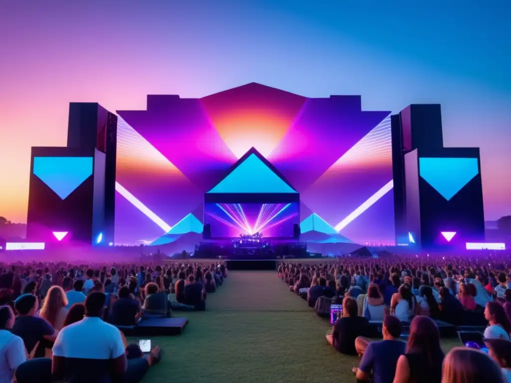 Tecnología en festivales: Escena hipnotizante de fusión tecnológica y musical al atardecer, con DJ holográfico, luces neón y cielo estrellado