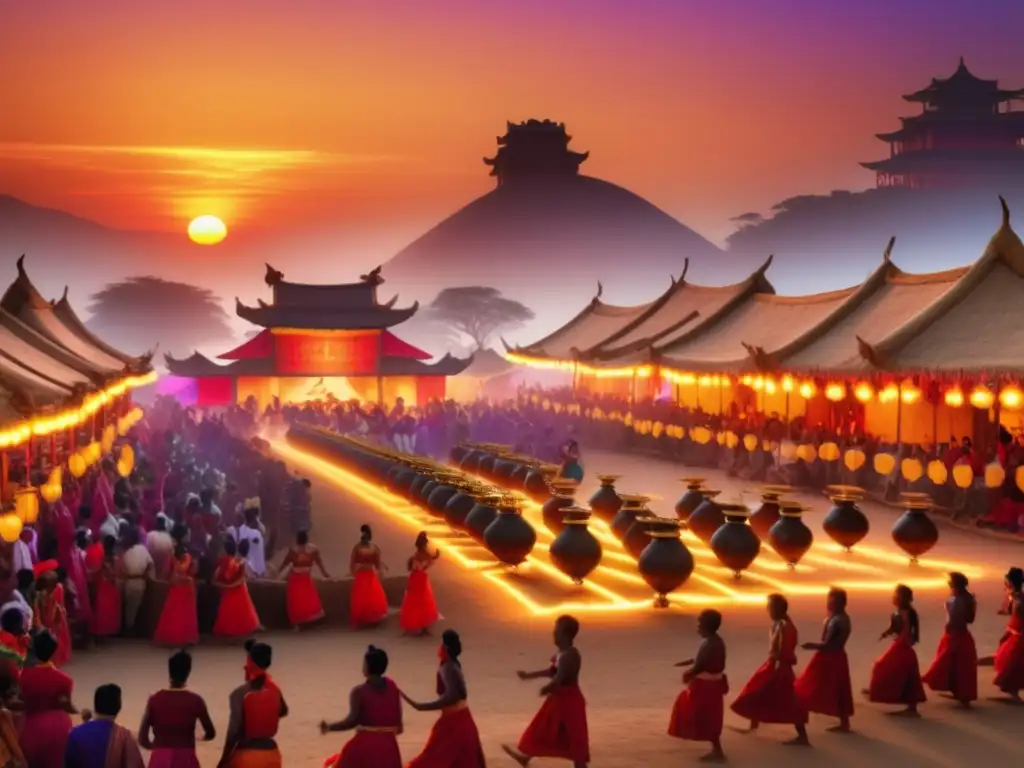 Impacto tecnológico en festivales tradicionales: imagen sorprendente de festival tradicional transformado por avances tecnológicos