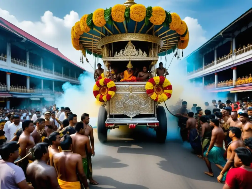 Celebración religiosa Thaipusam Malasia: Chariot plateado, devotos con ganchos y polvos de colores, ambiente etéreo y espiritual