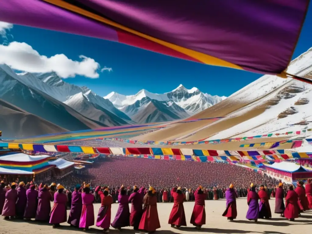 Festival de los Espíritus de Tíbet: Majestuosa imagen de un vibrante festival tibetano en las montañas nevadas