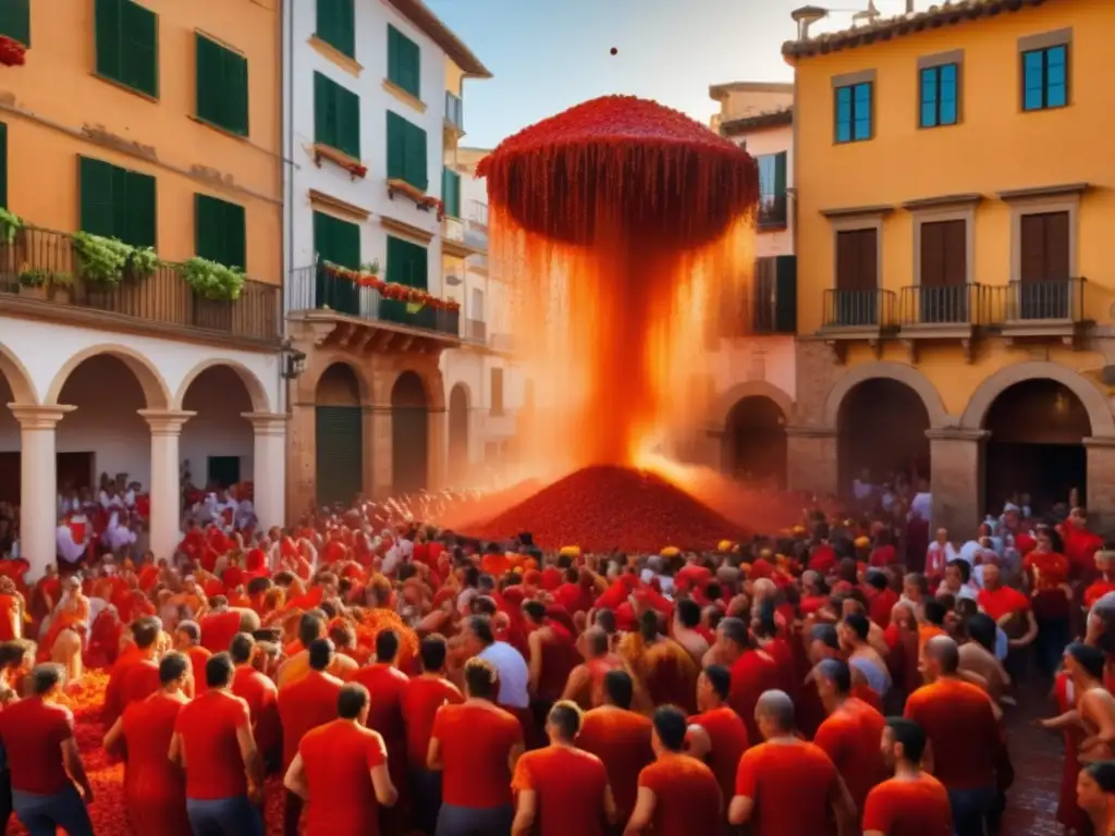 Historia Festival Tomatina España: Escena mágica en Buñol, con festivaleros emocionados, calles empedradas y un castillo medieval