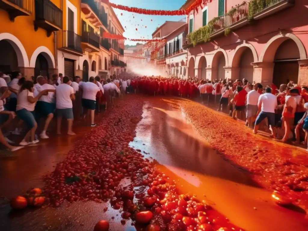 Escena vibrante de la Tomatina en Buñol, España: unión comunitaria en festival único