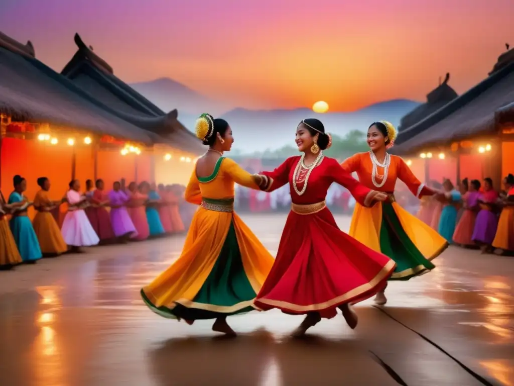 Escena de festival tradicional, mágica y vibrante al atardecer