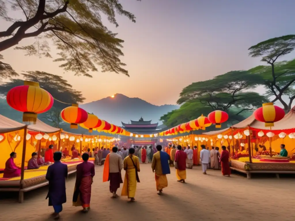 Importancia de festivales en comunidad, imagen serena y etérea de un festival tradicional en una vibrante comunidad al atardecer