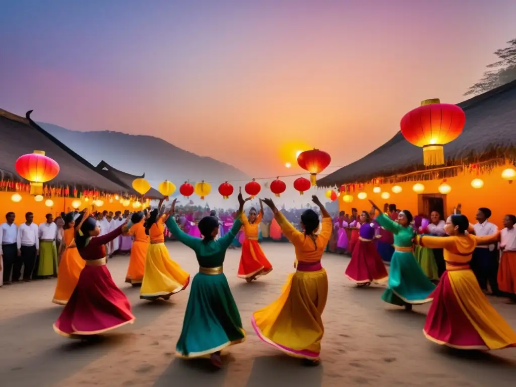 Festivales tradicionales alrededor del mundo: Celebración cultural con danzas, música y alegría en una plaza vibrante al atardecer