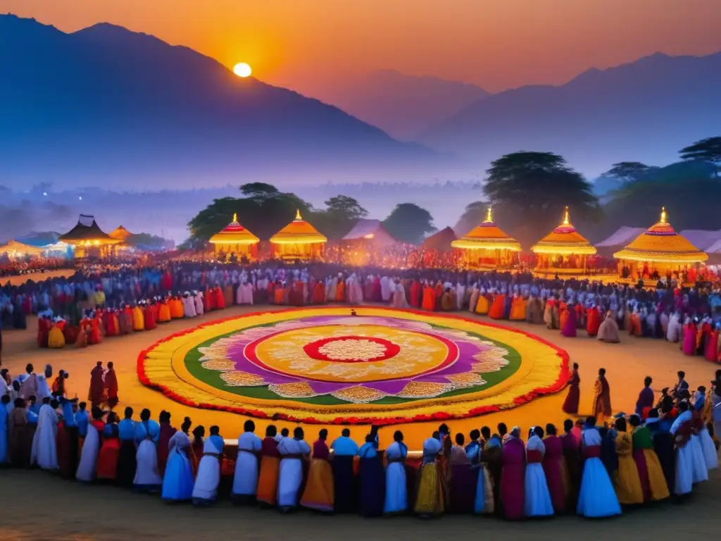 Documentación visual de festivales tradicionales al atardecer con danza, colores vibrantes y ambiente festivo