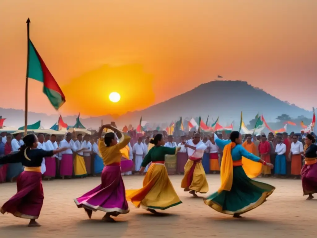 Guía fotográfica de festivales tradicionales: Escena vibrante con danzas tradicionales, música y decoración festiva en una plaza al atardecer