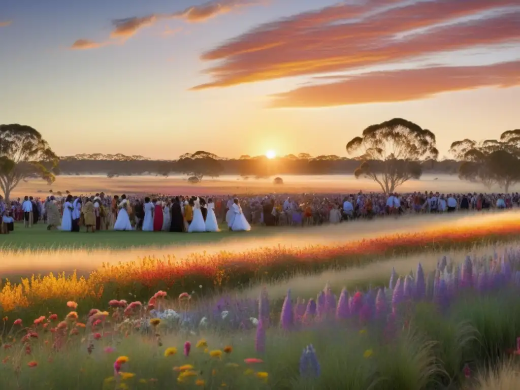 Festivales tradicionales Australia: imagen de campo con flores nativas y gente vestida de Aboriginal en festival