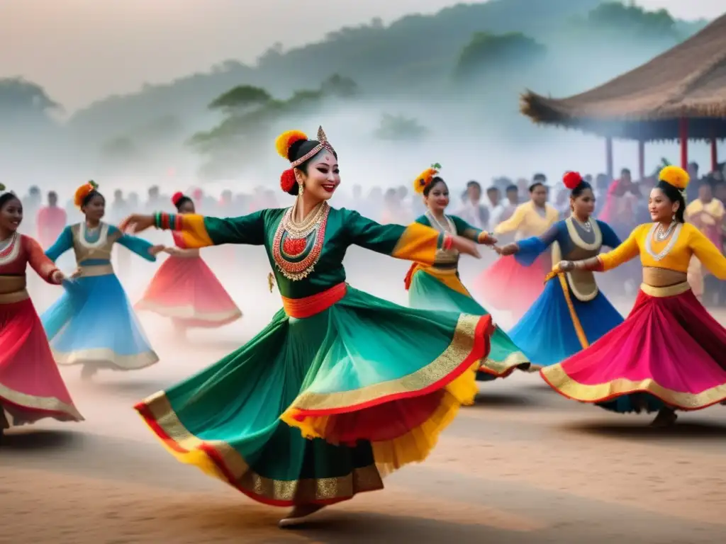 Fotografía de festival tradicional con danza, trajes coloridos y atmósfera mística