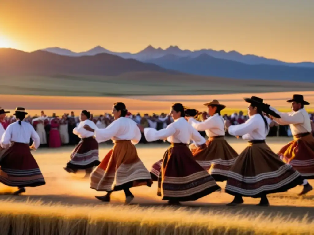 Festivales Pueblos Originarios Argentina: danza tradicional y colorida celebración en un campo al atardecer