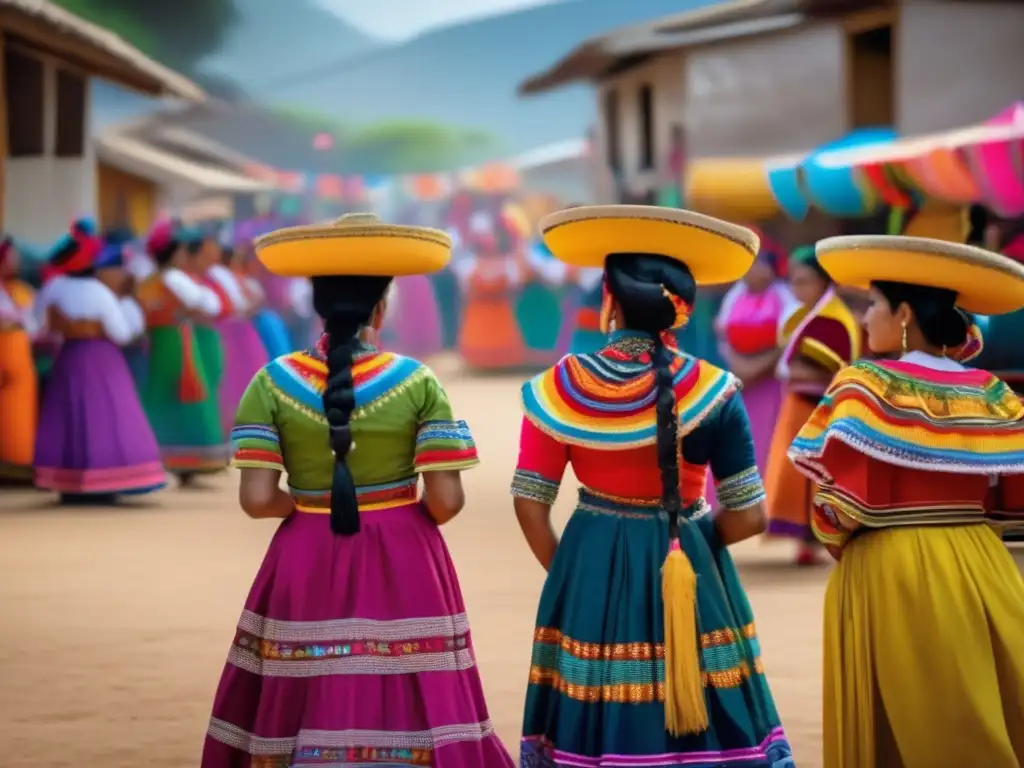 Mujeres en festivales tradicionales: escena vibrante de danza y tradición en una plaza latinoamericana