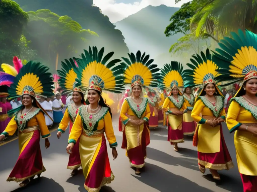 Ritos de paso en festivales tradicionales: escena vibrante y etérea con participantes y música ancestral