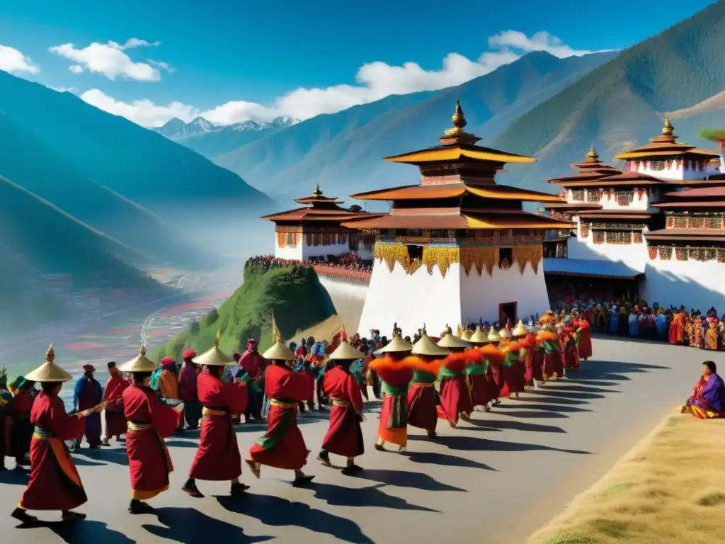 Festival tradicional en Bhutan: danzas, músicos y máscaras en un escenario montañoso y celeste