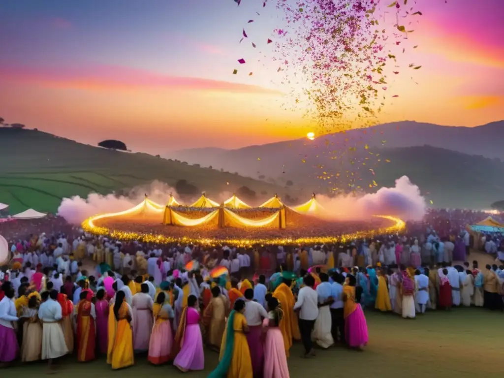 Festival tradicional con drones: Celebración vibrante con trajes típicos, colores pastel y tecnología