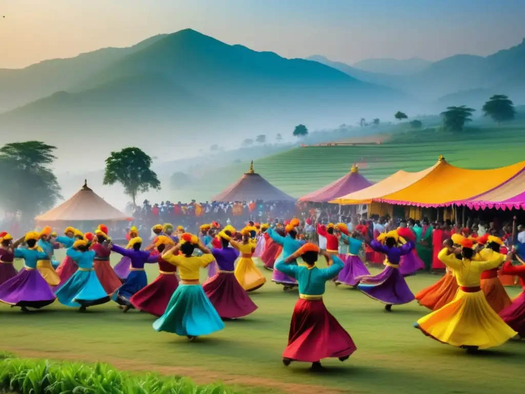 Técnicas de documentación visual para festivales tradicionales en una escena festiva y vibrante con danzas tradicionales, música y comida callejera deliciosa