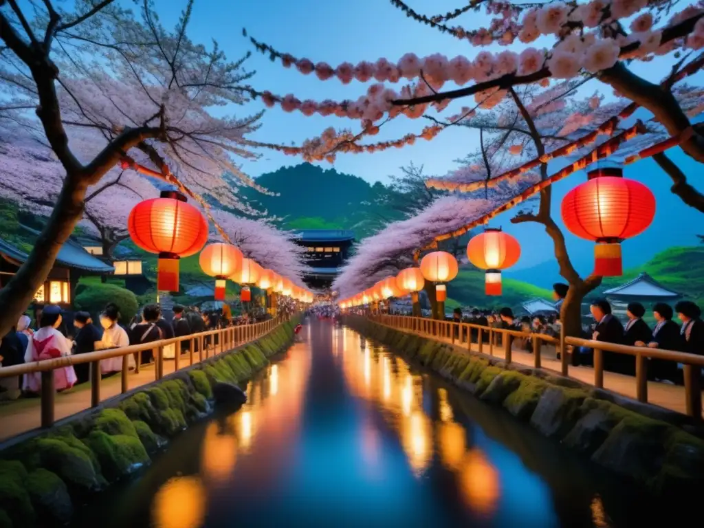 Festival tradicional en un pueblo japonés: belleza y tradición en un entorno natural con árboles de cerezo en flor y linternas decoradas