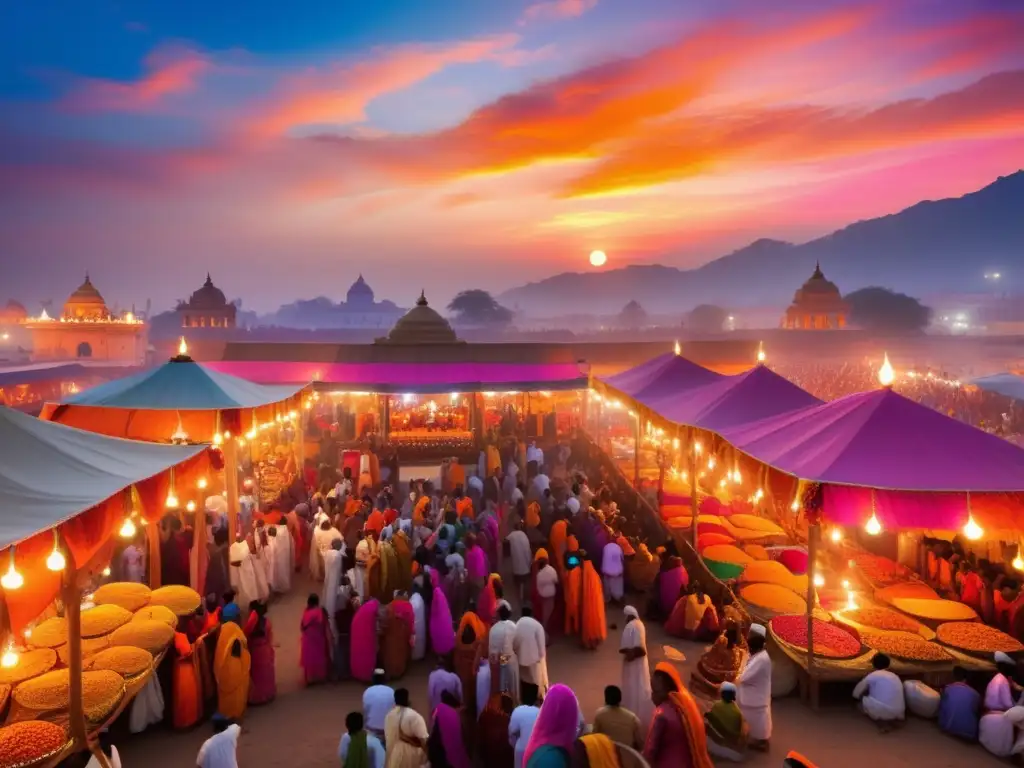 Festivales tradicionales India: escena vibrante de mercado, colores vivos, música, danza y alegría en un festival vedico