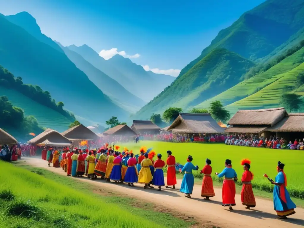 Festivales tradicionales en un hermoso pueblo: danzas, música y alegría bajo un cielo azul y montañas verdes