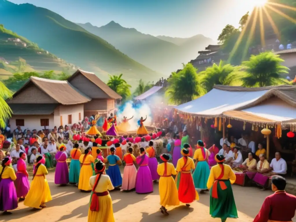 Fotografía de festival tradicional con vibrante celebración y danzas en trajes típicos, rodeado de naturaleza y montañas