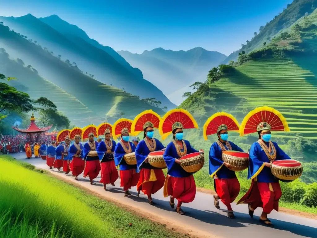 Proceso de creación de artefactos tradicionales festivales en una vibrante procesión festiva, rodeada de montañas verdes y cielo azul