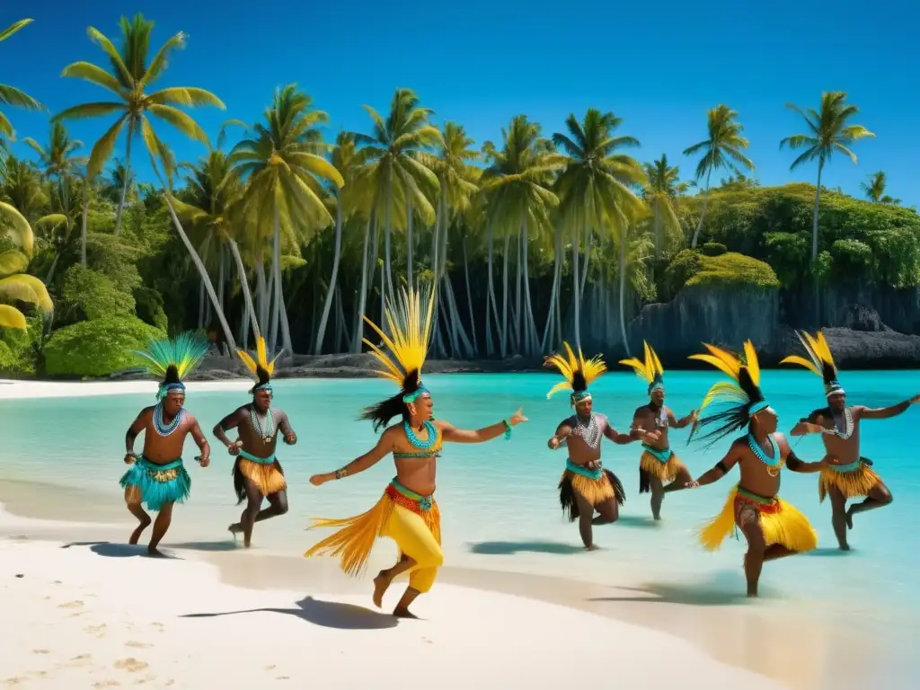 Festivales tradicionales del Pacífico en Oceanía: vibrante imagen de danza, trajes elaborados y expresiones de alegría en un escenario mágico