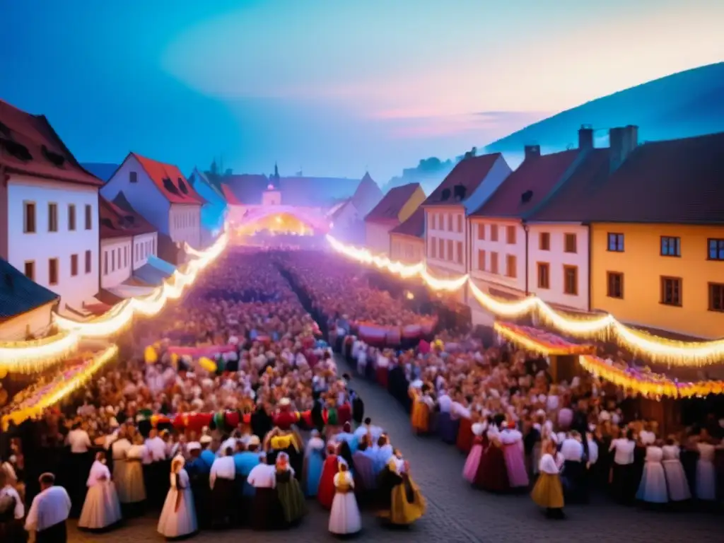 Evolución festivales tradicionales Europa en encantadora imagen de una celebración en pueblo con luz etérea, música y colores