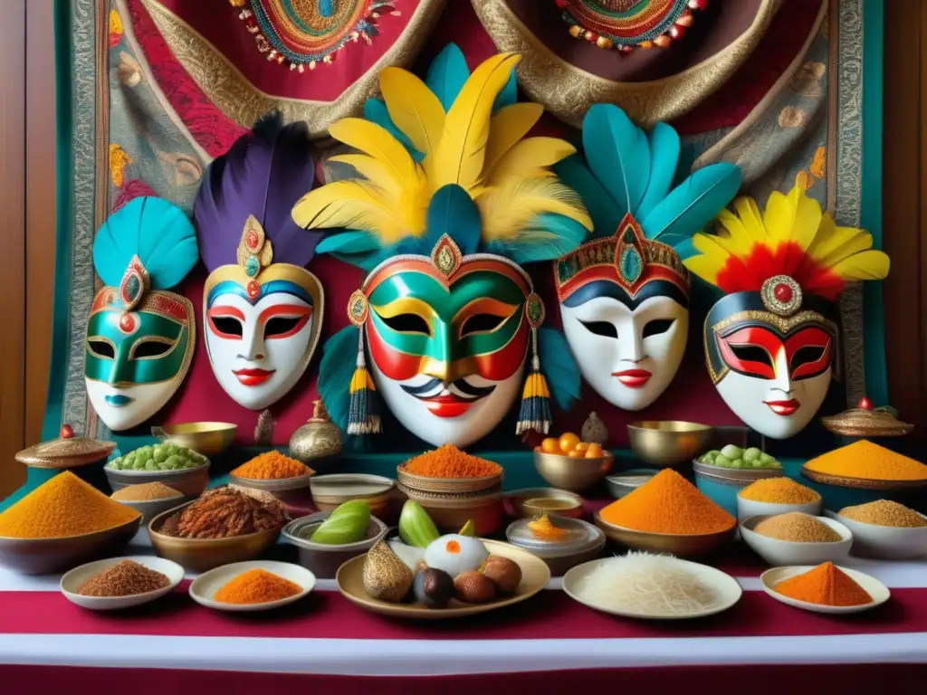 Festivales tradicionales: máscaras, trajes, comida y bebidas típicas en una imagen cautivadora