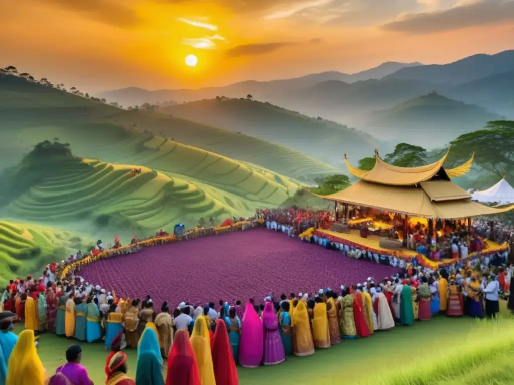 Festivales tradicionales postpandemia destacados: Escena vibrante de festividad con multitud alegre, máscaras y paisaje mágico