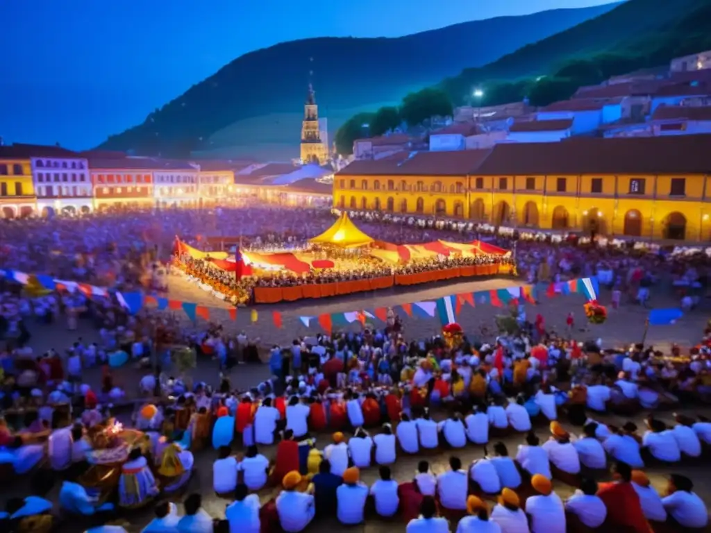 Festival tradicional participativo en un encantador pueblo con música, danzas, y una hermosa plaza llena de alegría y color