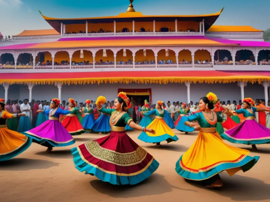 Importancia visual festivales: Escena vibrante de festival tradicional con danza cautivadora, detalles de trajes y conexión emocional