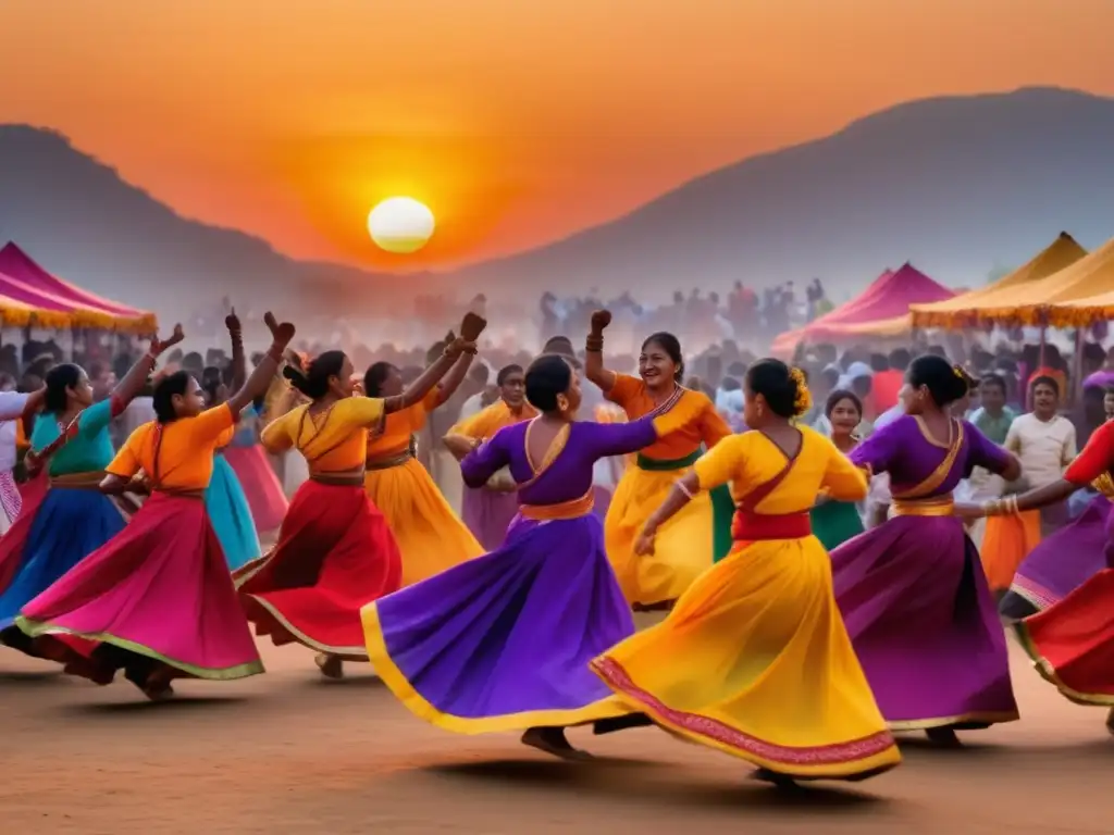 Evolución de festivales tradicionales: vibrante imagen fotorealista captura esencia festiva, trajes coloridos, danzas jubilosas y mística atmósfera